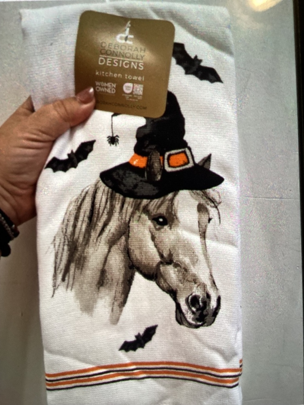 New Deborah Connolly Halloween Kitchen Towels - horse with witch hat-3 pk